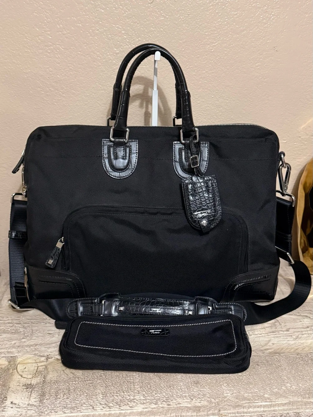 Tumi Black Men's Laptop Briefcase with Croc-Accent Trim